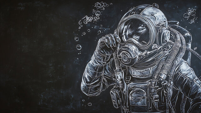 Chalkboard style drawing of a vintage deep sea diver in a classic diving suit with a helmet and bubbles against a dark background