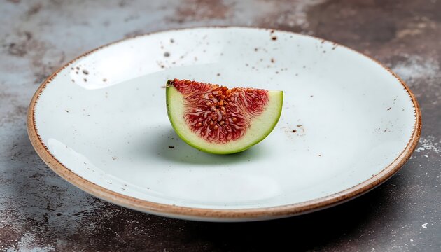 Fresh fig slice on white ceramic plate, top view