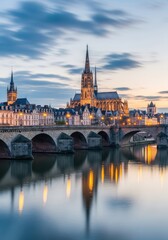 Fototapeta premium Wide scenic view of a historic riverside city featuring stone bridges, classic architecture, and old cathedrals under a soft cloudy sky, twilight, scenery, dawn