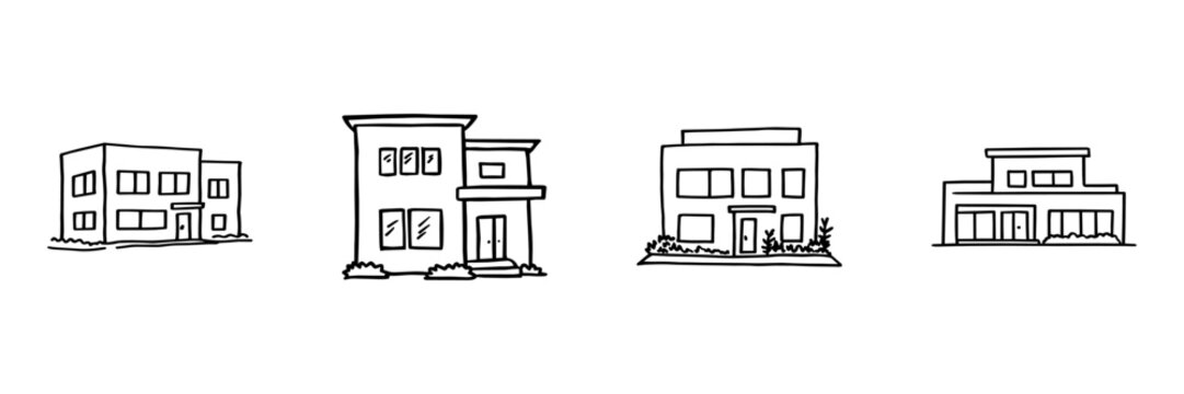 Building Facade Hand Drawn Doodle Icon Set. House, Office, Storefront And Apartment Exterior Sketch Symbol Collection. Real Estate And Architecture. Isolated Vector Illustration