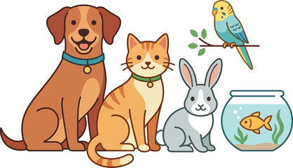 Naklejka premium Cute cartoon pets including a dog cat rabbit bird and goldfish in a bowl isolated illustration