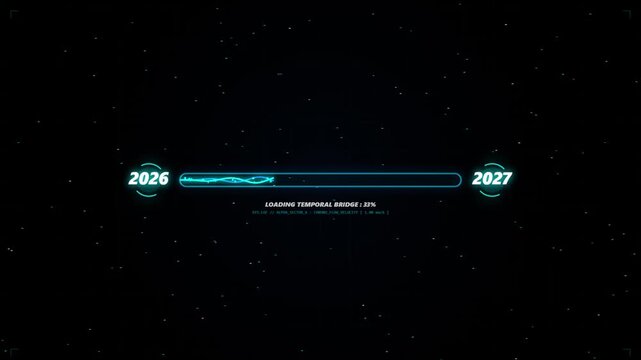 Loading temporal bridge 2026 to 2027 new year HUD progress bar animation with cyan wave lines on dark background