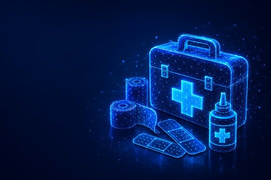 Digital glowing first aid kit with medical supplies and bandages in low poly wireframe style medicine bottle digital art wireframe healthcare emergency treatment hospital pharmacy clinical