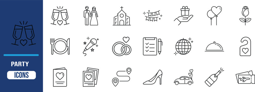 Wedding party celebration icons. rings icon set, couple icon set, church icon set