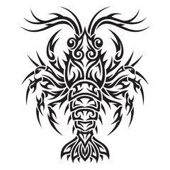 Fototapeta premium Tribal lobster tattoo design in blackwork ink style with ornamental details, crayfish illustration isolated on white background.