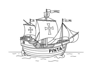 Vintage Pinta caravel ship illustration, historical Spanish sailing vessel vector, antique nautical exploration boat line art © Pixel_Hub