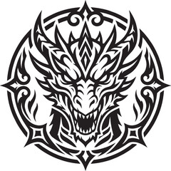 Fototapeta premium Tribal Dragon Head Tattoo Design in Blackwork Ink Style with Ornamental Circular Frame, Vector Illustration of Mythical Creature