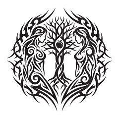 Fototapeta premium Circular Tribal Blackwork Tattoo Design Featuring Two Women and a Tree of Life with Apple, Ornamental Ink Illustration