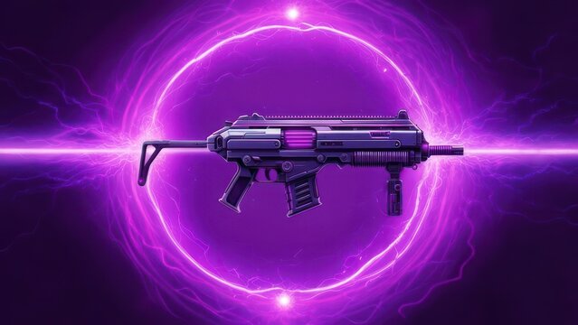 Futuristic Submachine Gun with Neon Purple Energy Ring.