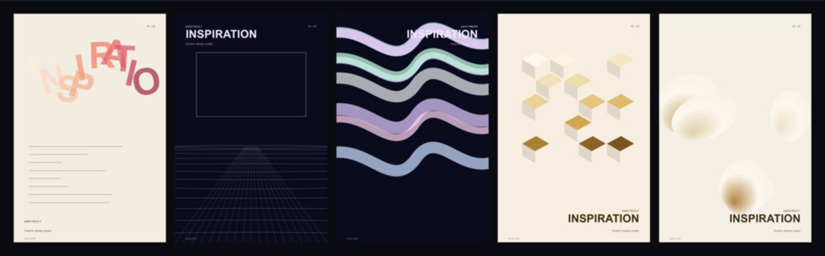 Minimalist abstract poster collection, set of 5 modern vector layouts. Contemporary geometric art covers for branding and editorial design.