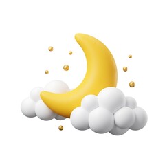 Naklejka premium Cute 3D crescent moon and fluffy white clouds with golden stars at night children illustration 3D illustrati