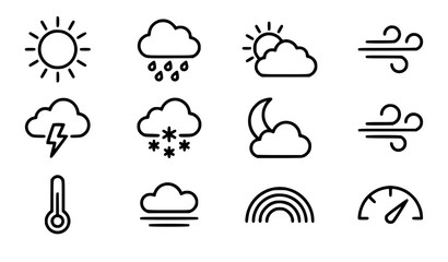 Naklejka premium Minimalist weather outline vector icons for sun rain clouds wind and forecasts