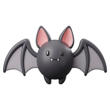 3D Cute little black bat with pink ears and white fangs flying mammal cartoon bat vampire bat white backgroun