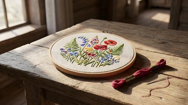 Needlepoint Embroidery Hoop On Wooden Table