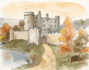 Naklejka premium Historic European Castle Among Colorful Autumn Trees – Watercolor and Ink Illustration