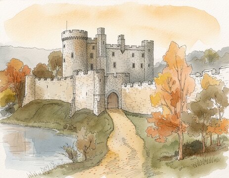 Historic European Castle Among Colorful Autumn Trees &ndash; Watercolor and Ink Illustration