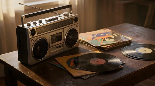 Retro Boombox And Vinyl Records Still Life