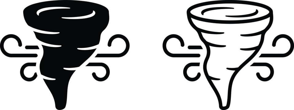 Tornado vector icons set, swirling hurricane and cyclone symbols, black and white weather storm graphics for meteorology apps
