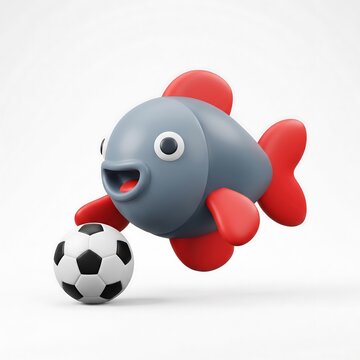 3D Cute cartoon grey and red fish playing with a black and white soccer ball on white background