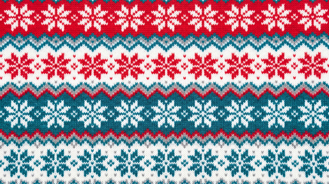Nordic Fair Isle knit pattern with snowflakes and zigzags in red blue and white for winter holidays