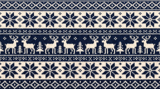 Nordic knitted pattern with reindeer and snowflakes in navy blue and cream during winter holidays