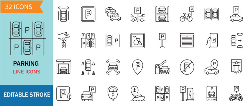 Parking Lot and Vehicle Transportation Line Icon Set for Car Park Zone Garage Parking Permit and Traffic Navigation Vector Design