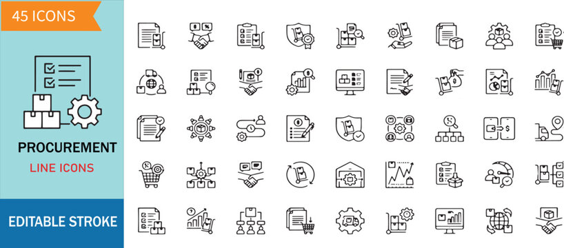 Procurement Management Line Icon Set for Supply Chain Logistics B2B Purchasing and Vendor Selection Vector Design