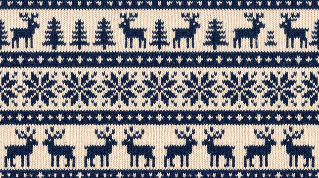 Nordic winter knit pattern with reindeer and snowflakes on cream background