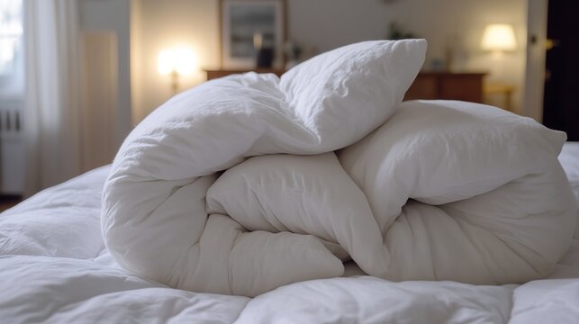 duvet. Fluffy white duvet with diagonally placed pillows, creating a cozy and inviting bedroom scene. lifestyle magazines.