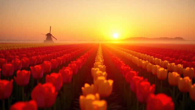 tulip fields at sunrise in the netherlands