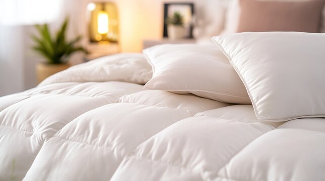 duvet. Fluffy white duvet with diagonally placed pillows, creating a cozy and inviting bedroom scene. lifestyle magazines.