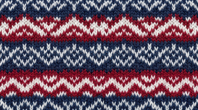 Seamless knitted pattern with traditional nordic style geometric shapes in red and navy