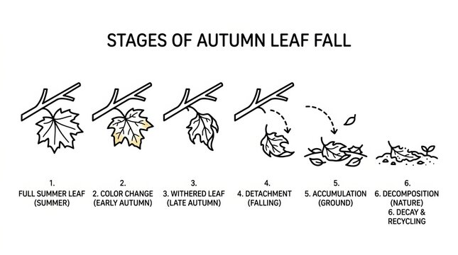Stages of autumn leaf fall illustrated in black and white line drawing.
