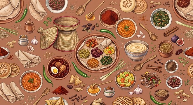 Authentic Ethiopian dining pattern highlighting spongy injera and spicy lentil stews