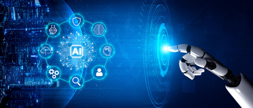Futuristic Robot Finger Touching AI Interface with Data Symbols and Urban Cityscape Background Representing Technology Innovation. Entropy.