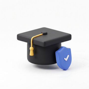 3D Black graduation cap with yellow tassel next to a blue shield with a white checkmark graduation mortarboard