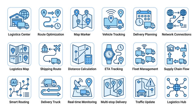 Logistics and Delivery Icons Set: Map, Truck, Tracking, Planning, Supply Chain