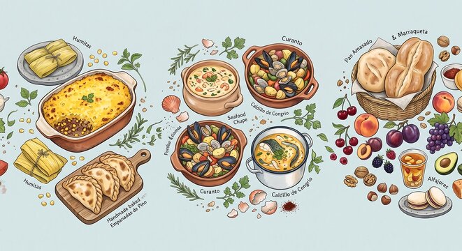 Traditional Chilean culinary spread featuring pastel de choclo fresh seafood stews and empanadas