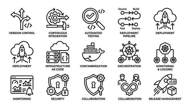 Collection of black and white line art icons featuring various animals and symbols.