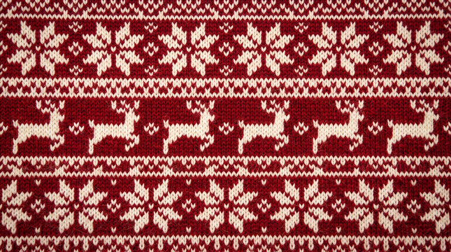 Red and white fair isle knit pattern with reindeer and snowflake motifs on fabric