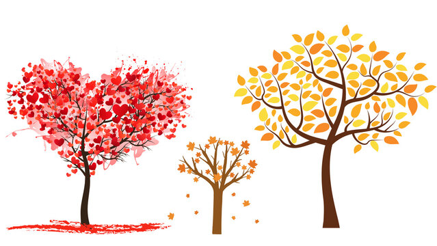 Watercolor heart tree and autumn trees collection, romantic red heart leaf tree, seasonal fall foliage illustration set