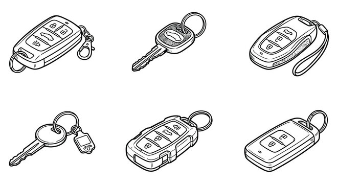 Six black silhouettes of modern car keys with keychains and metal blades