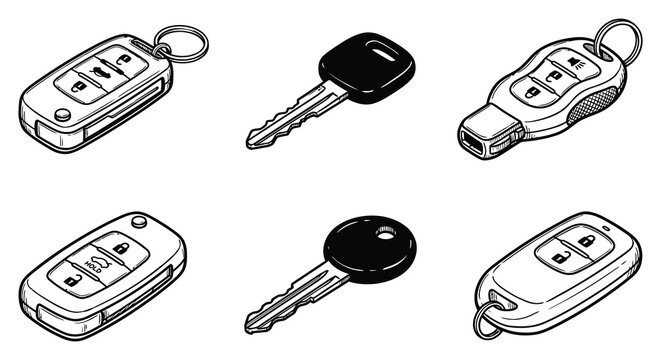 Six black silhouettes of modern car keys with keychains and metal blades