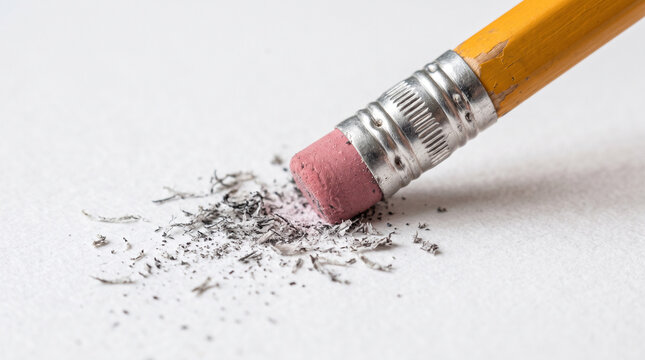 Pencil eraser creating graphite dust particles on a clean white surface during sharpening process.
