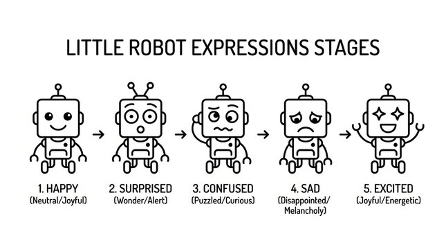 Cartoon robot faces showing different emotions and expressions stages.