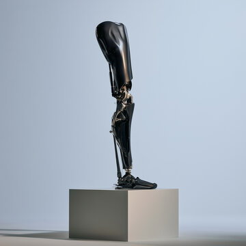 Advanced robotic prosthetic leg displayed on white cube podium, medical biotechnology concept, Generative AI