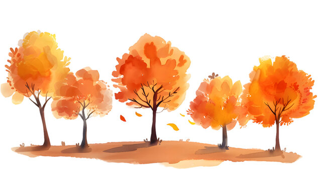 Watercolor autumn trees on white background, orange fall foliage landscape, artistic seasonal forest illustration for greeting cards