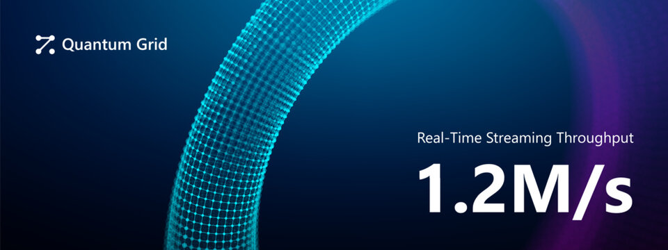 Quantum grid wireframe tunnel with glowing blue nodes. Connection lines futuristic technology background for data. Streaming network throughput and digital transformation concepts abstract.