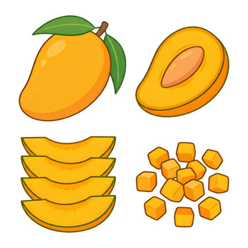 Illustrated mango fruit cut into slices and cubes isolated transparent background transparent background