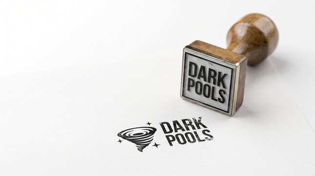 Dark Pools financial concept stamp on white paper, wooden rubber stamp with dark pools text and tornado icon, stock market trading metaphor